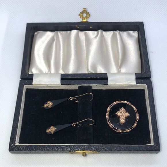 💛 14k Gold Antique Gothic Onyx Mourning Set - Picture 4 of 7